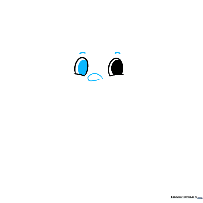 Drawing the top half of a penguin beak and two small arched eyebrows.