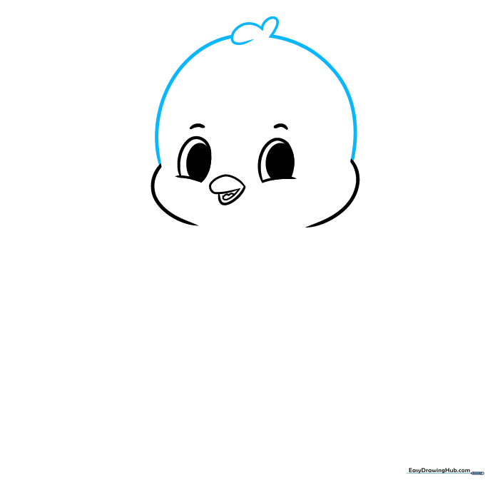 Outlining the head shape and adding a small tuft of feathers at the top.