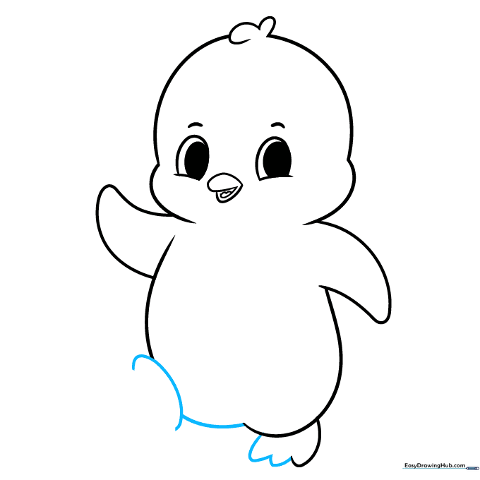 Drawing the scalloped toes on both of the penguin's feet.