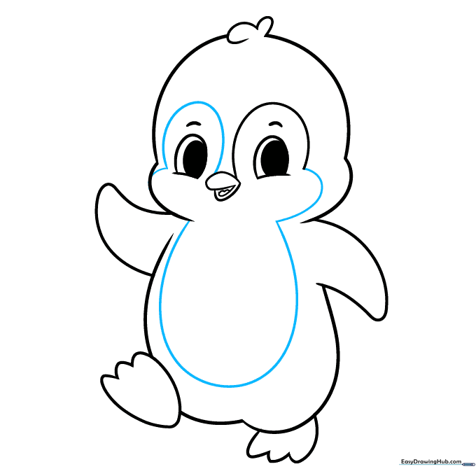 Finalizing the outline of the penguin's belly and face markings.