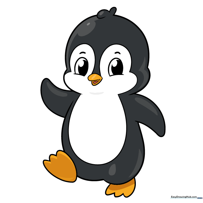A finished, colored cartoon penguin with black, white, and orange details.