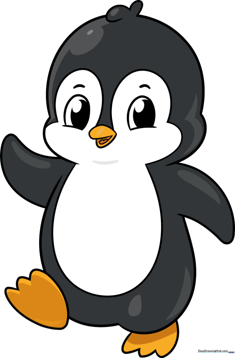 A friendly, finished cartoon penguin drawing, colored and ready for display.
