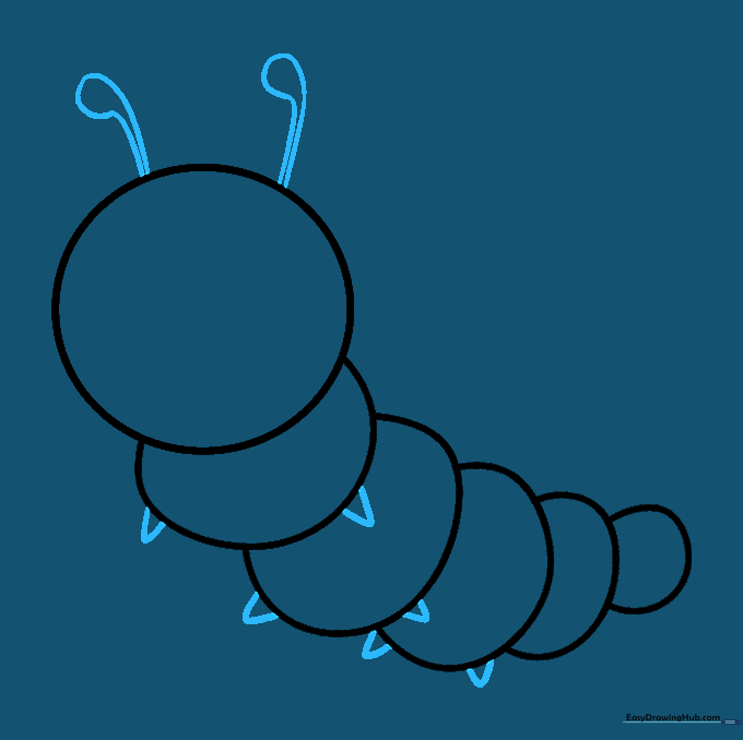 Pencil sketch showing the addition of two antennae on the head and small triangular feet on the body.