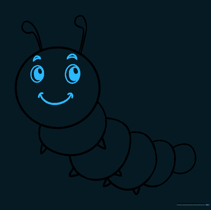 Detailed pencil sketch of the caterpillar's face, including eyes, eyebrows, and a smiling mouth.