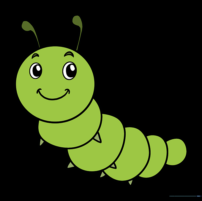 The final, fully colored cute caterpillar drawing with vibrant green and yellow tones.