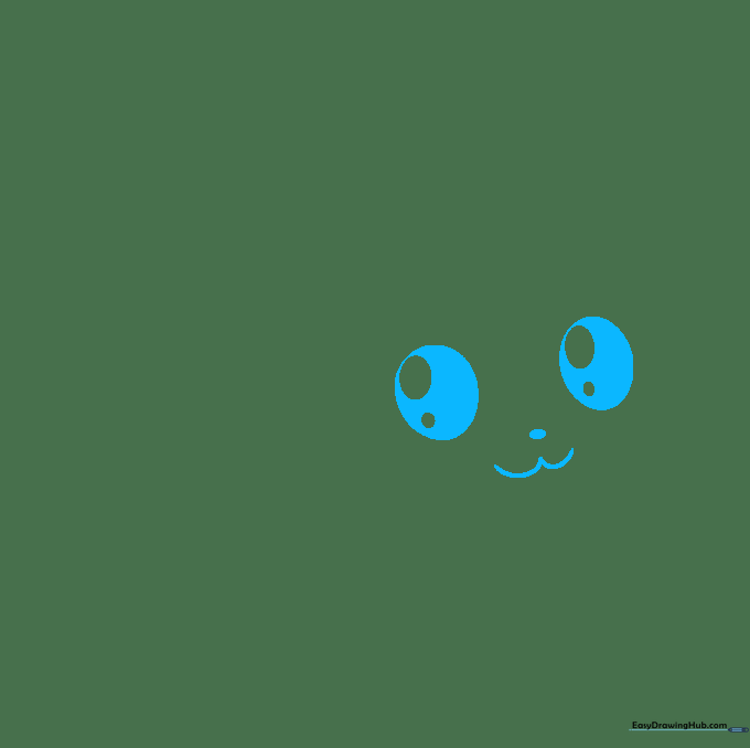 Close-up of two circular Pikachu eyes with white highlights and a small nose and mouth sketched on white paper.