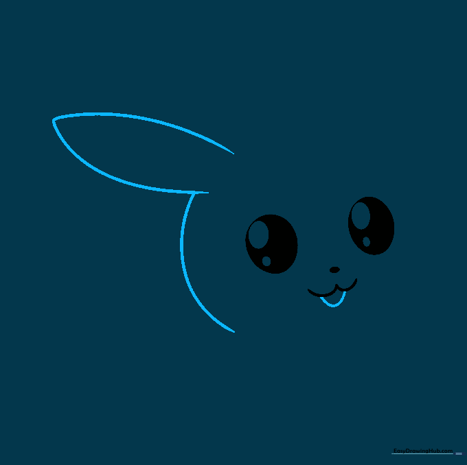 Pikachu drawing showing the initial curve of the right ear and the side of the face.