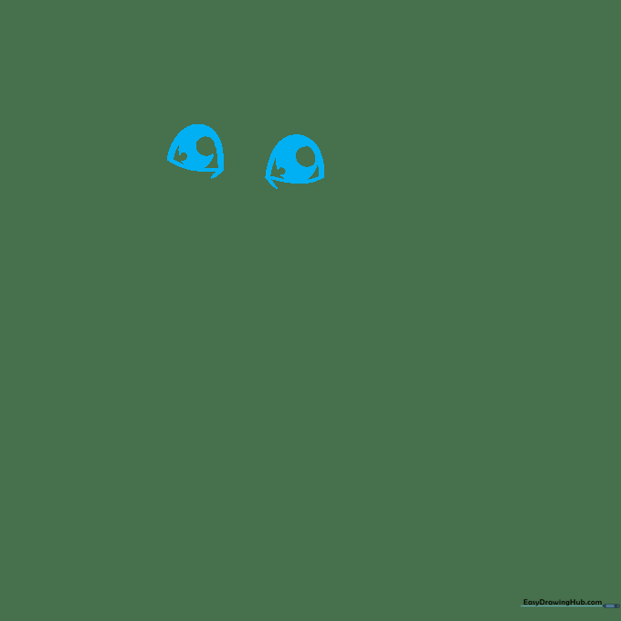 Close-up of a cat's expressive eyes being drawn with curved lines and circular pupils.