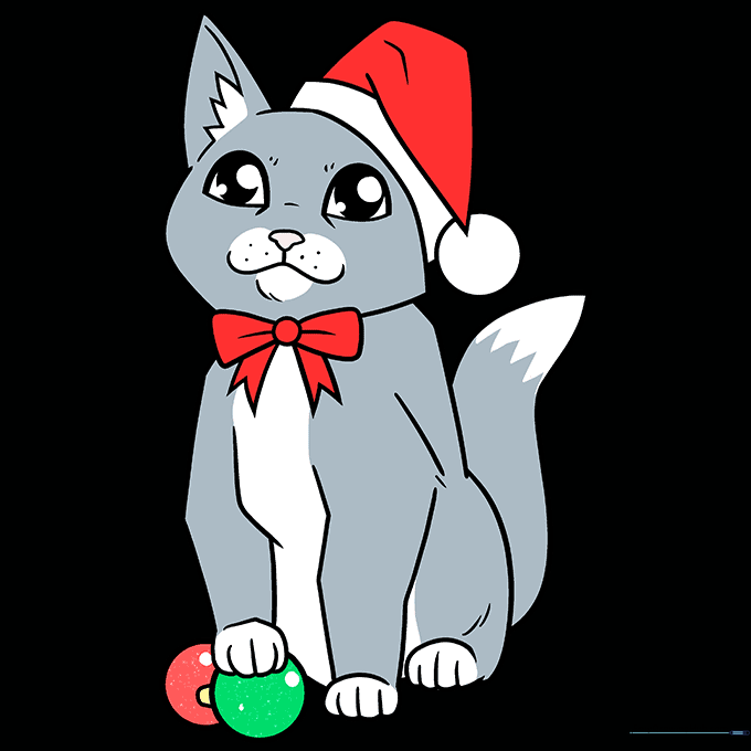 The finished, colored drawing of a cute Christmas cat wearing a Santa hat.