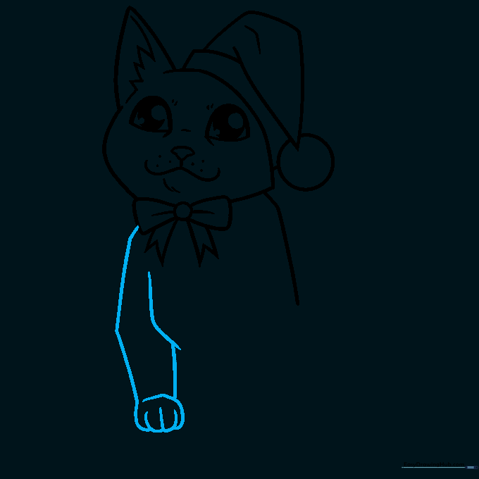 Drawing the cat's front leg and paw with visible toe details.