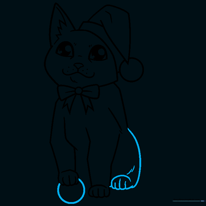Sketching the rear leg and a circular Christmas ornament near the paw.
