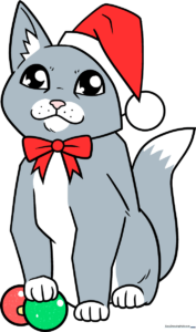 A colorful, finished illustration of a cute cat wearing a Santa hat, ready for the holidays.