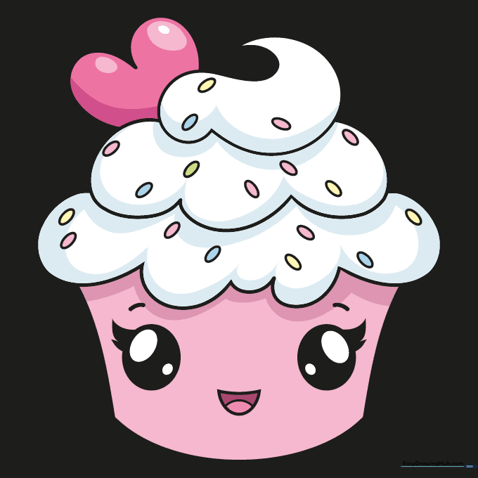 A fully colored, cute cartoon cupcake with pink frosting and a colorful wrapper.