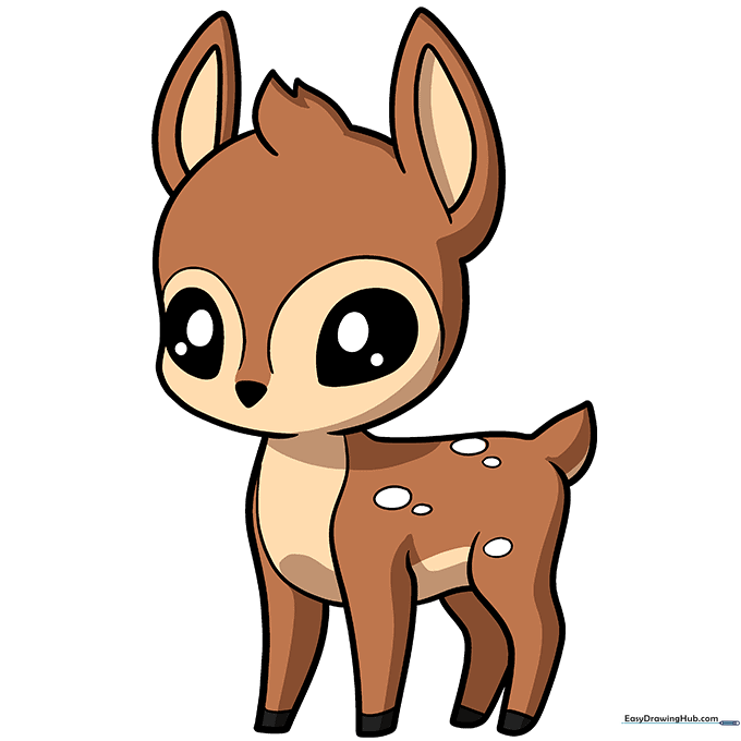 Finished, colored drawing of a cute fawn with brown fur and white spots.