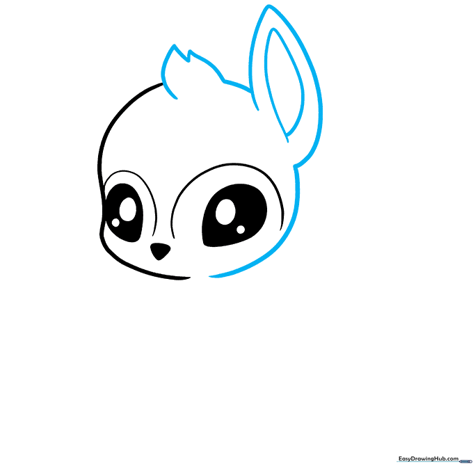 Drawing the deer's head with a tuft of fur and one detailed ear.