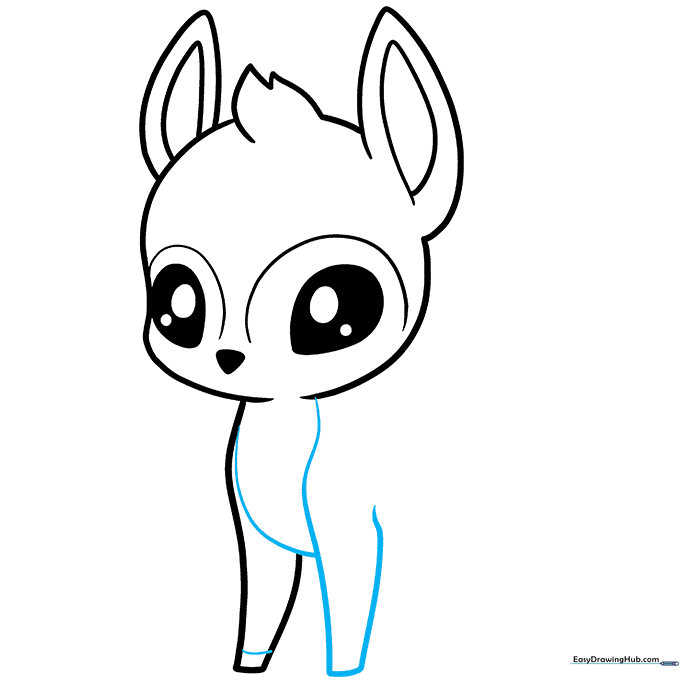 Drawing the deer's chest and front legs with hoof details.