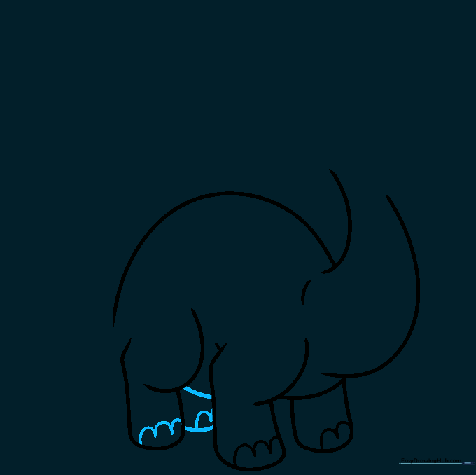 Drawing the belly line and the final rear foot with toenails.
