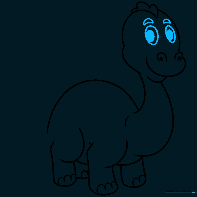 Adding expressive eyes with pupils and eyebrows to the dinosaur's face.