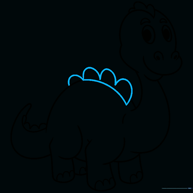 The completed line art of the cute dinosaur, with guide lines erased.