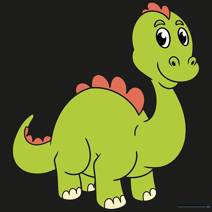 The finished, colored cartoon dinosaur illustration.