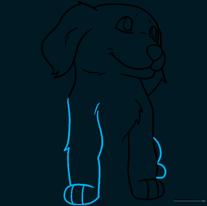 Pencil sketch showing the puppy's front and back legs in a sitting position.