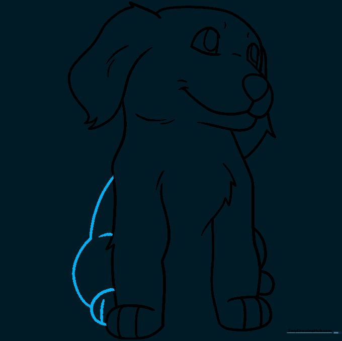 Pencil sketch focusing on the details of the puppy's paws and legs.