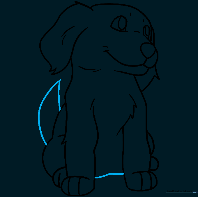 Pencil sketch showing the completed outline of the puppy with a tail and belly added.