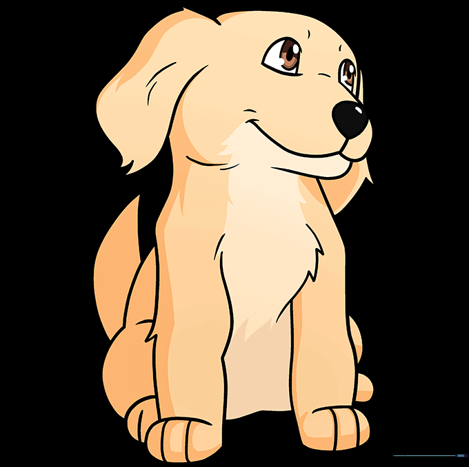 A fully colored, cute cartoon puppy with golden fur sitting on a white background.