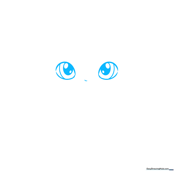 Close-up of two large, expressive cartoon doll eyes with pupils and a small nose line.