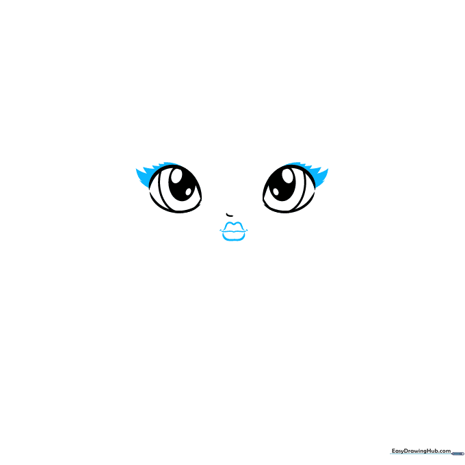 Detailed view of a doll's mouth and long, dark eyelashes added to the eyes.