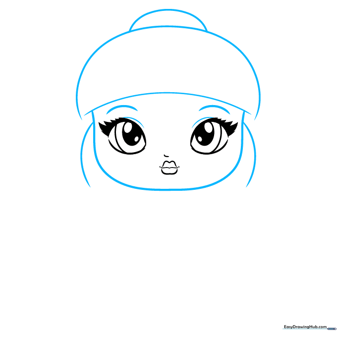 Outline of a doll's face shape with hair and a bun added on top.