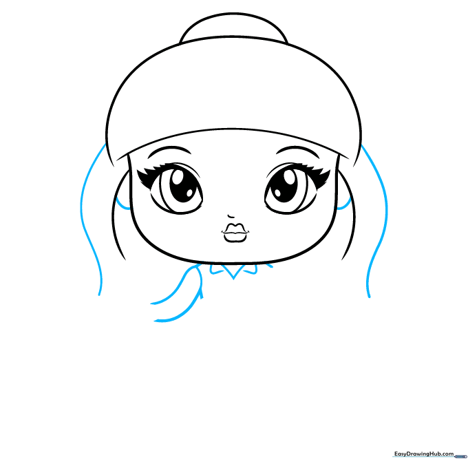 Doll drawing showing hair strands, ears, neck, and shoulders.