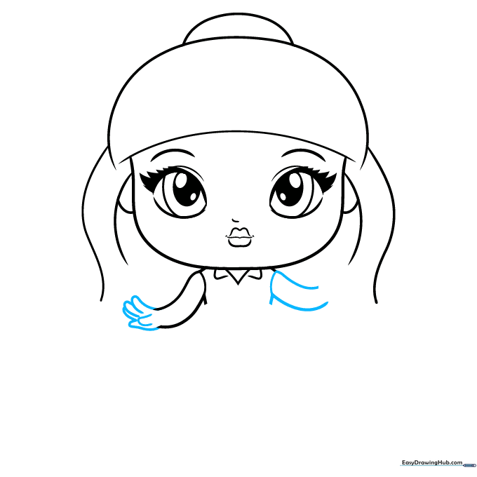 Drawing the arms and hands of the doll using simple curved lines.