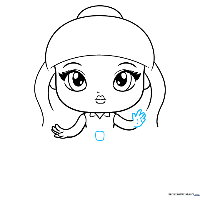 Detailed hand drawing and the center knot of a bow on the doll's shirt.