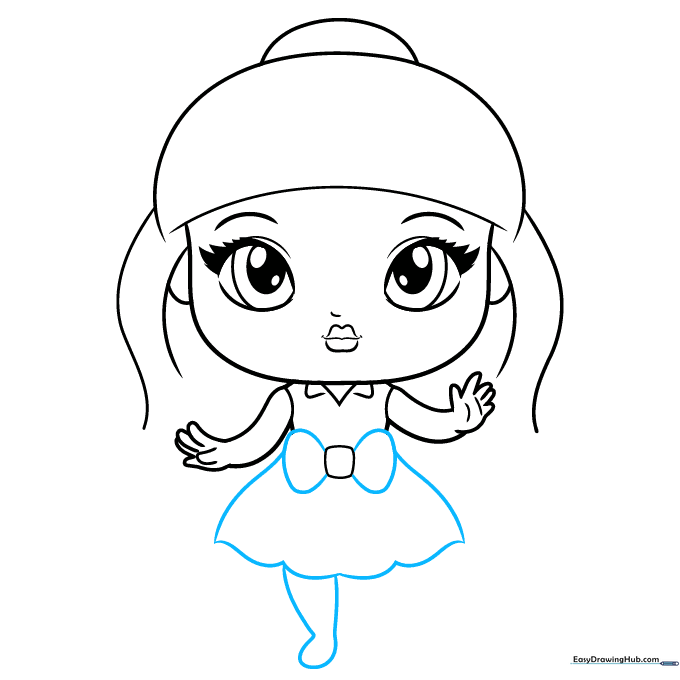 Adding the bow wings, the skirt of the dress, and the first leg.