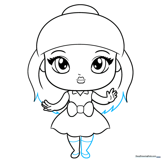 Completing the hair outline and adding the second leg with socks and shoes.
