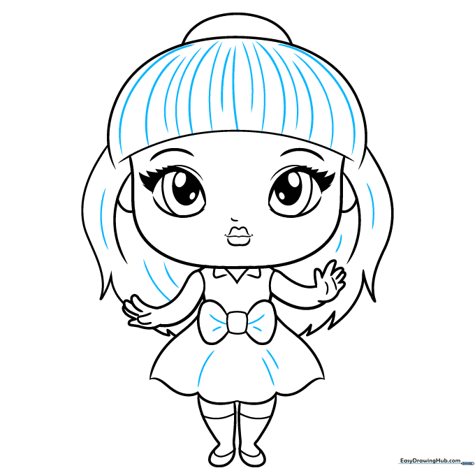 Adding texture lines to the hair, bow, and skirt for a finished look.