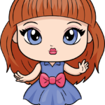 A colorful, finished drawing of a cute doll, perfect for kids to use as a reference.