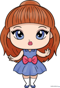 A colorful, finished drawing of a cute doll, perfect for kids to use as a reference.