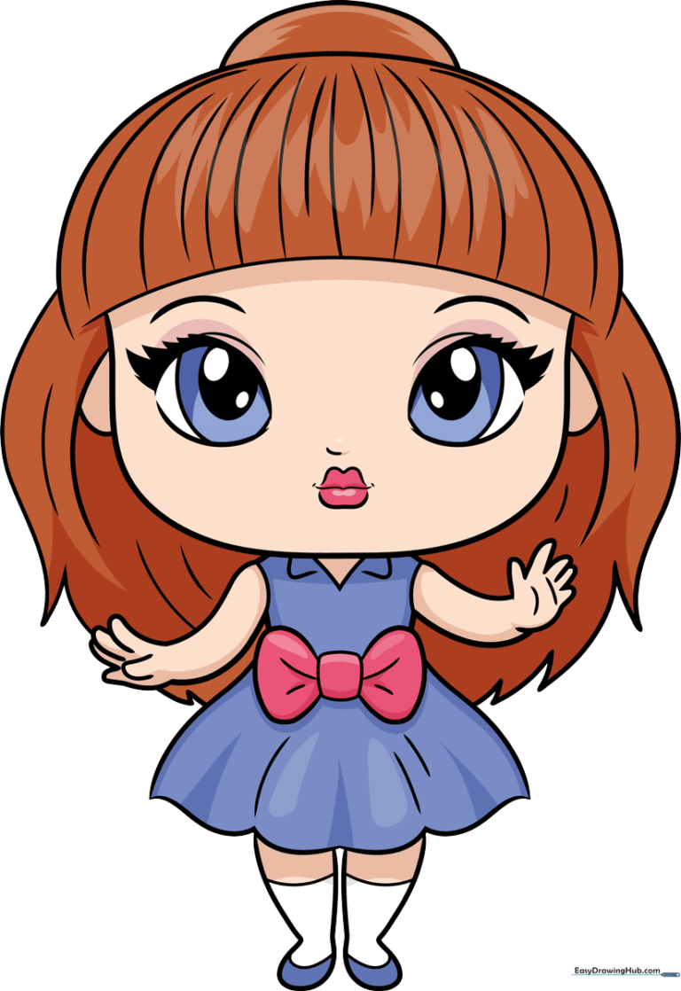A colorful, finished drawing of a cute doll, perfect for kids to use as a reference.