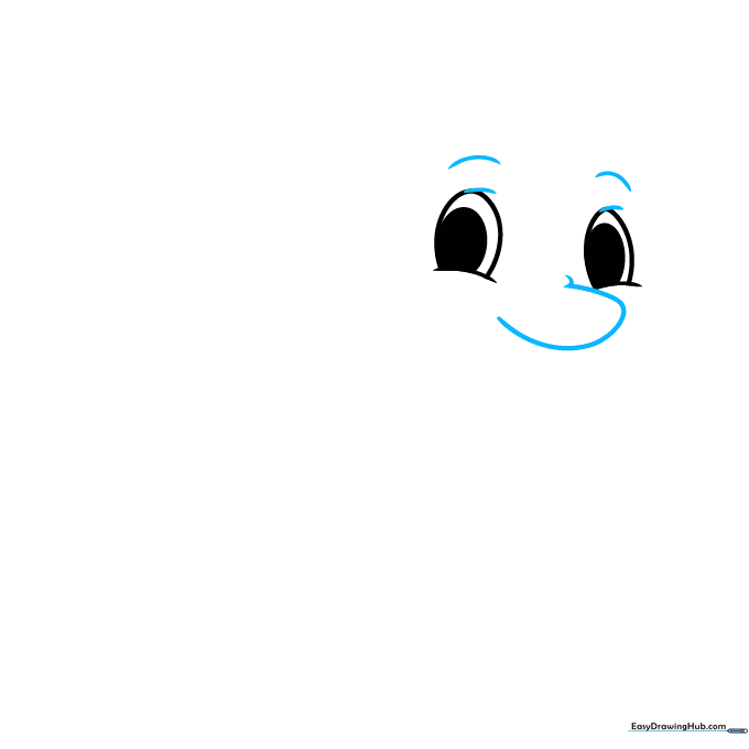 Drawing the snout and eyebrows of a cartoon dolphin.