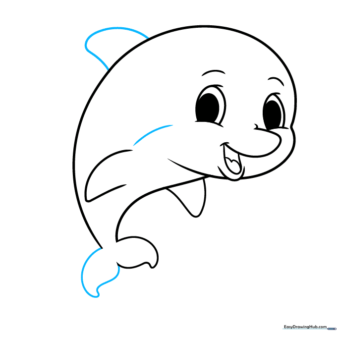 Finalizing the dorsal fin and tail fin on the dolphin sketch.