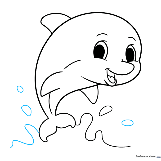 Completed line art of a cute dolphin jumping in the water.