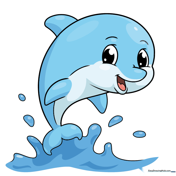 Finished, colored illustration of a cute dolphin.