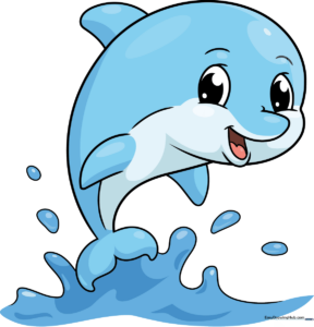 A vibrant, finished drawing of a cute dolphin jumping, used as the tutorial thumbnail.