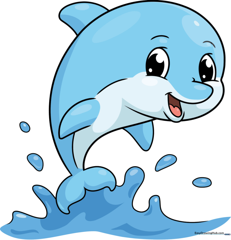 A vibrant, finished drawing of a cute dolphin jumping, used as the tutorial thumbnail.