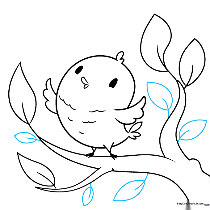 Drawing showing the completed branch with a variety of leaves surrounding the bird.