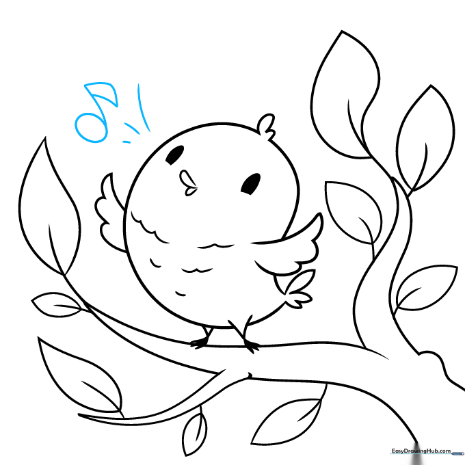 Drawing showing sound waves and a musical note floating above the bird's head.