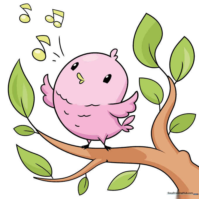 A fully colored, vibrant drawing of a cute singing bird on a branch.