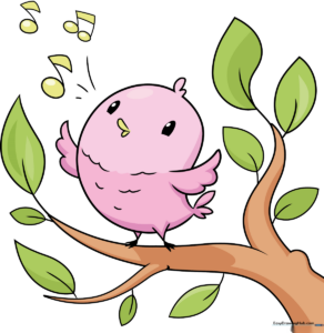 A colorful, finished illustration of a cute bird singing on a branch, perfect for kids to emulate.